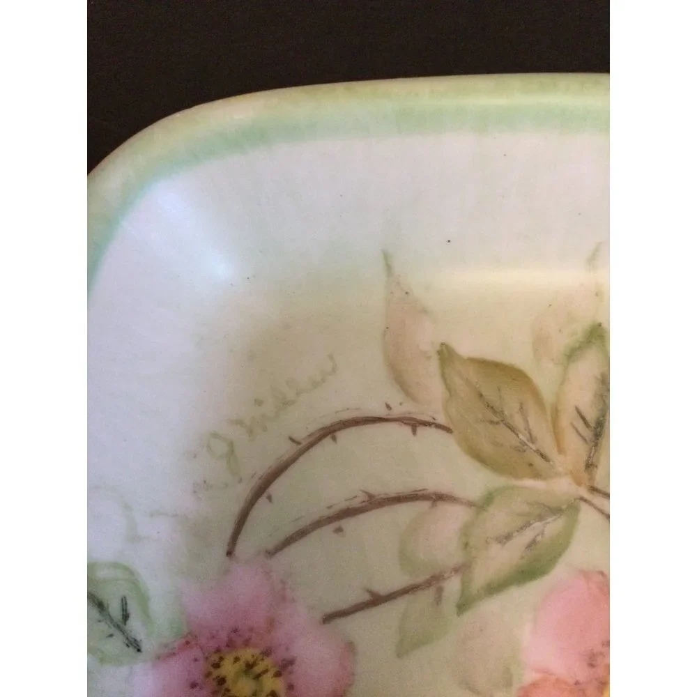 Vintage HALL ceramic soap dish signed J Midler floral pastels green pink 1730